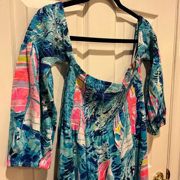 Lilly Pulitzer Trina Beach Mini Dress Tropical Print Pom Pom Detail Woman Large - Picture 12 of 15